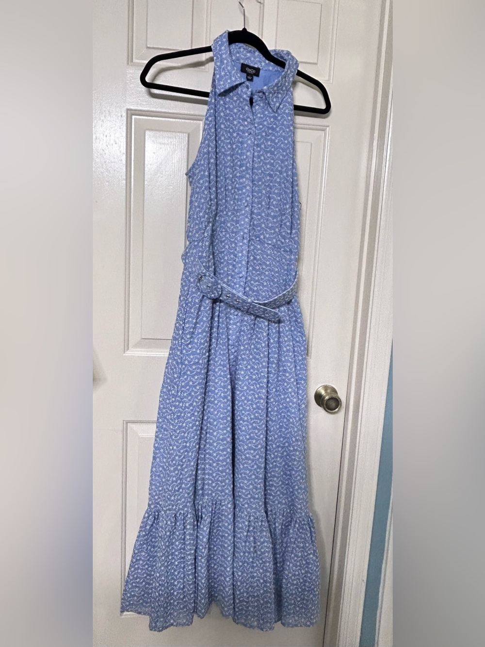 CeCe Light Blue Floral Midi Shirt Dress with Belt